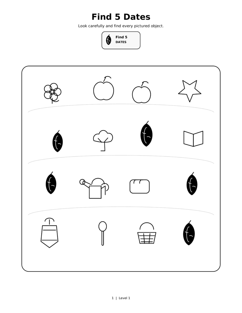 Find 5 Dates, a printable Ramadan search-and-find activity sheet for kids.
