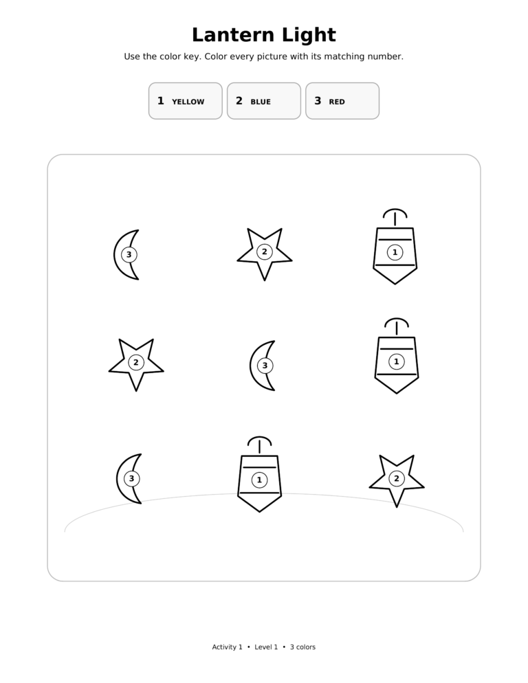 Lantern Light, a printable Ramadan color-by-number worksheet for kids.