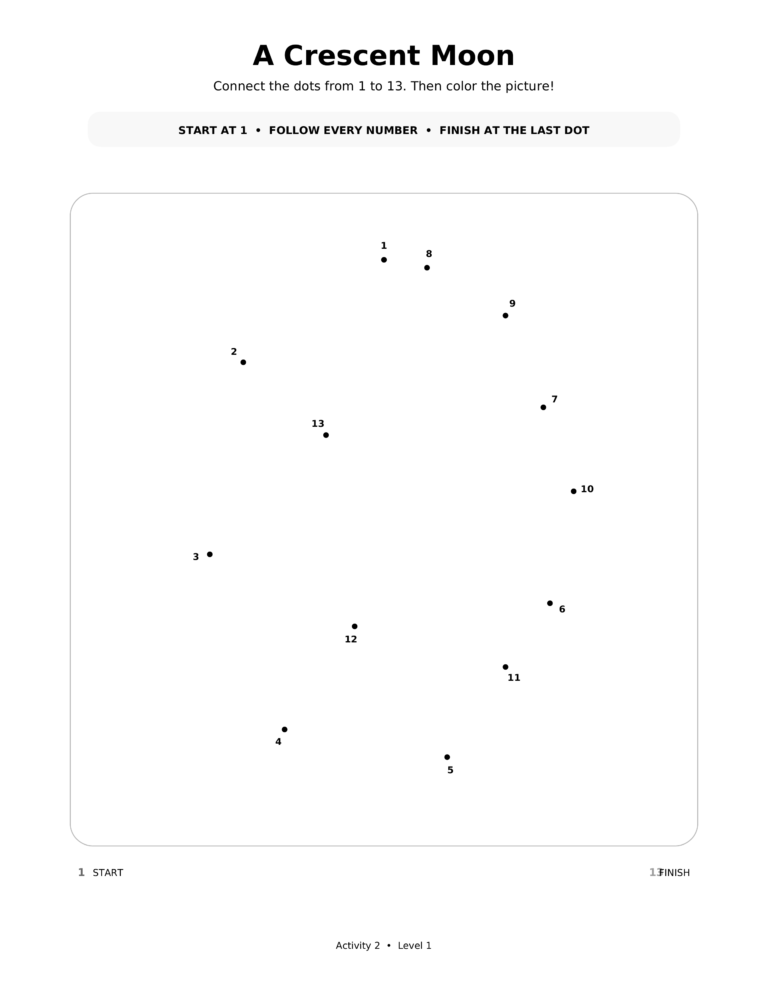 A Crescent Moon, a printable Ramadan dot-to-dot activity worksheet for kids.