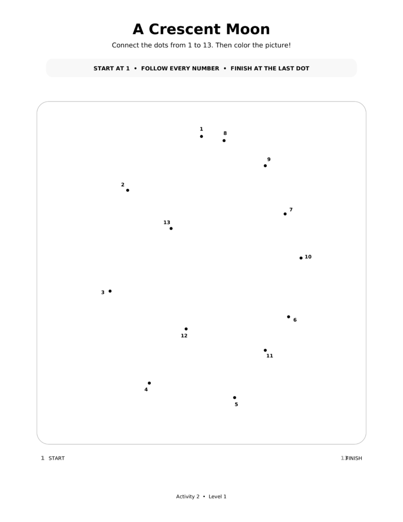 A Crescent Moon, a printable Ramadan dot-to-dot activity worksheet for kids.