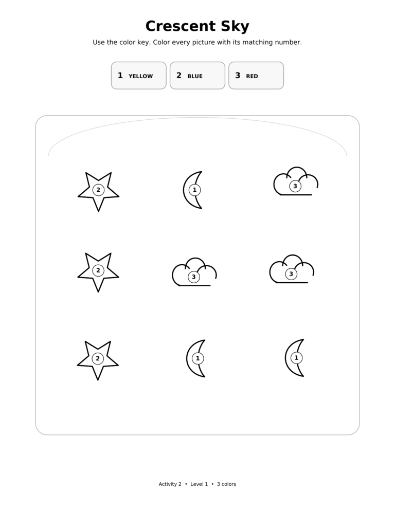 Crescent Sky, a printable Ramadan color-by-number worksheet for kids.