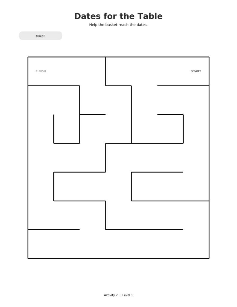 Dates for the Table, a printable Ramadan maze worksheet for kids.