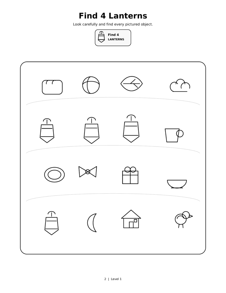 Find 4 Lanterns, a printable Ramadan search-and-find activity sheet for kids.