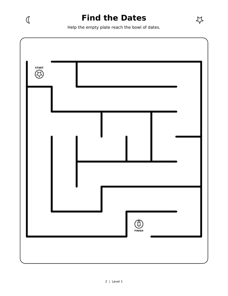 Find the Dates, a printable Ramadan maze worksheet for kids.
