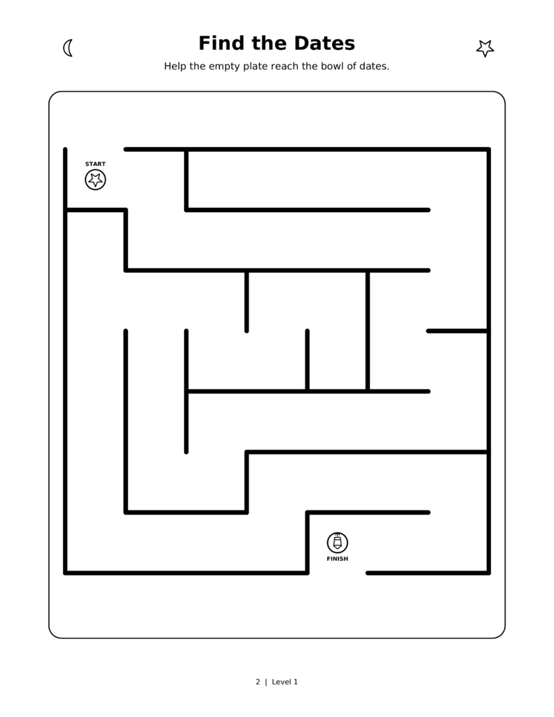 Find the Dates, a printable Ramadan maze worksheet for kids.