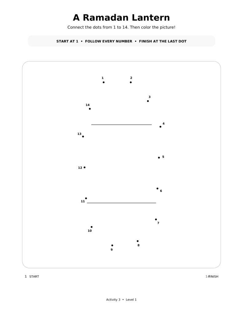 A Ramadan Lantern, a printable Ramadan dot-to-dot activity worksheet for kids.