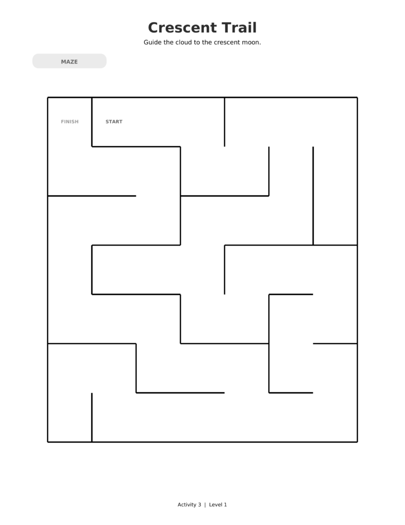 Crescent Trail, a printable Ramadan maze worksheet for kids.