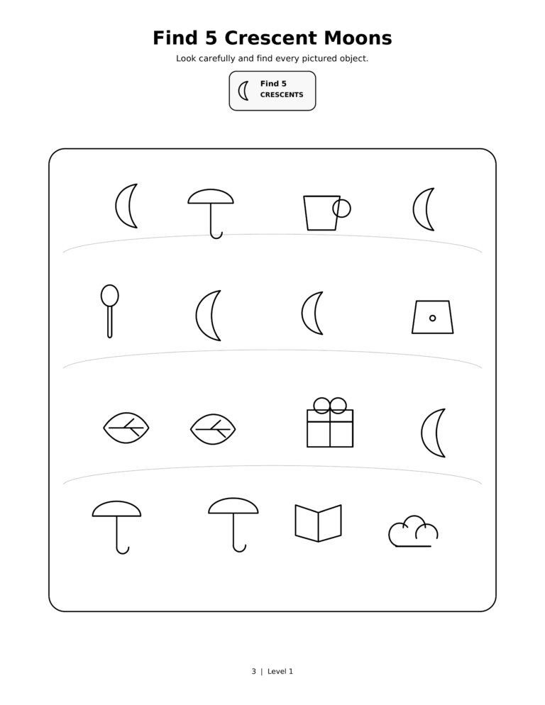 Find 5 Crescent Moons, a printable Ramadan search-and-find activity sheet for kids.