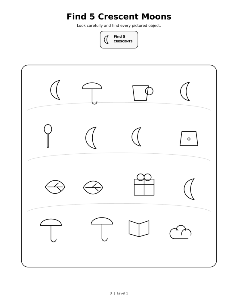 Find 5 Crescent Moons, a printable Ramadan search-and-find activity sheet for kids.