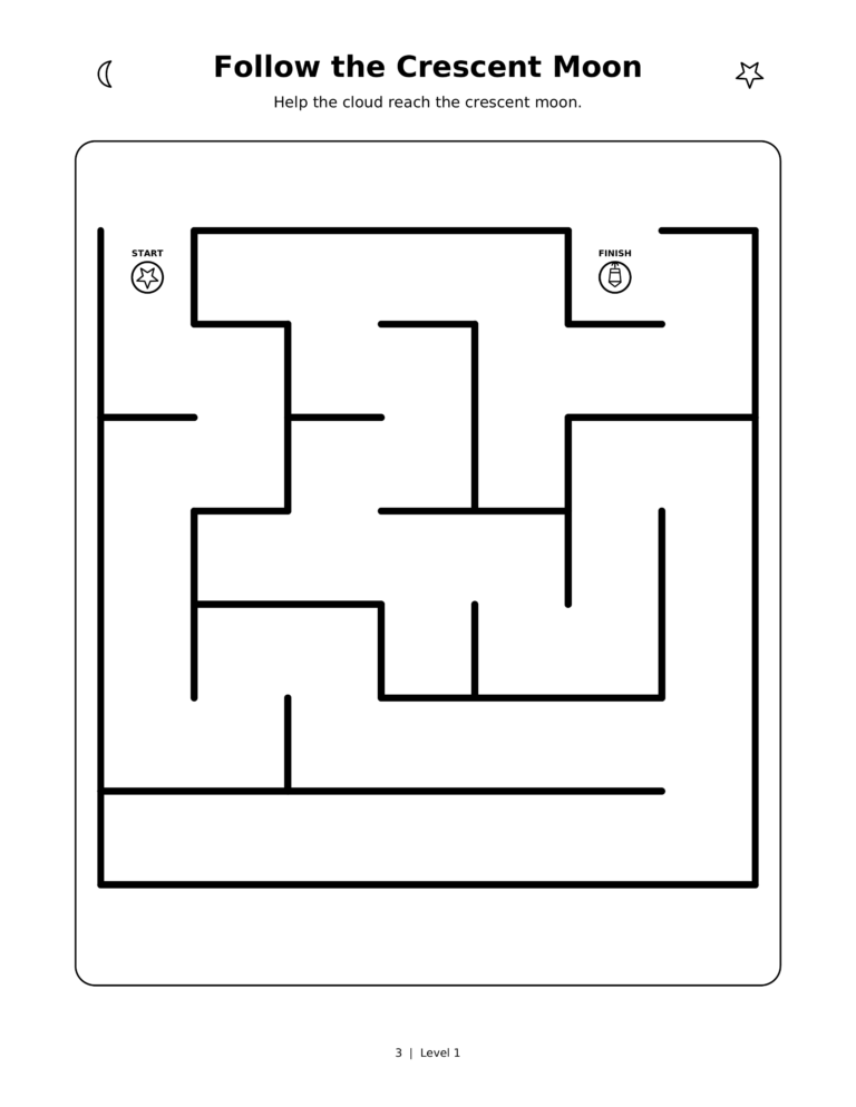 Follow the Crescent Moon, a printable Ramadan maze worksheet for kids.
