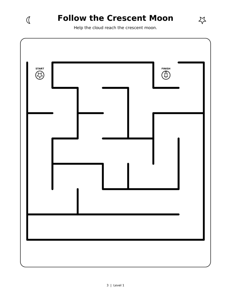 Follow the Crescent Moon, a printable Ramadan maze worksheet for kids.