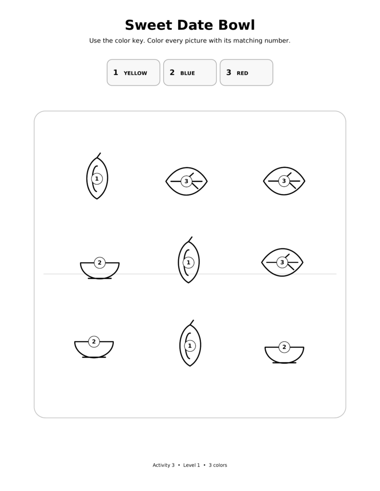 Sweet Date Bowl, a printable Ramadan color-by-number worksheet for kids.