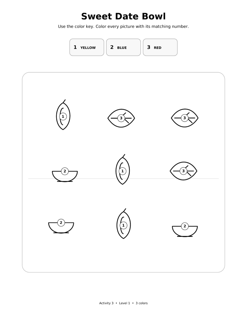 Sweet Date Bowl, a printable Ramadan color-by-number worksheet for kids.