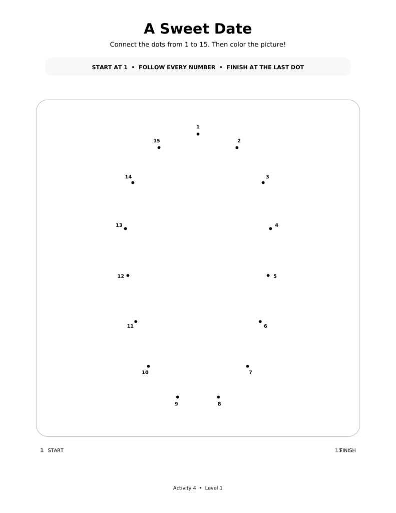 A Sweet Date, a printable Ramadan dot-to-dot activity worksheet for kids.