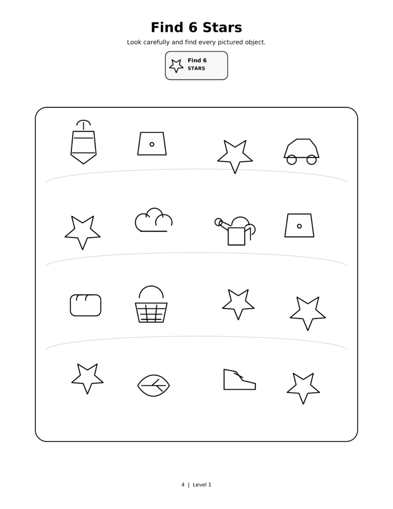 Find 6 Stars, a printable Ramadan search-and-find activity sheet for kids.