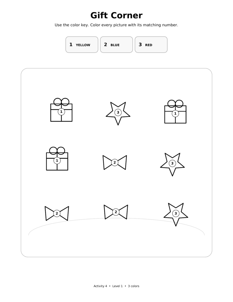 Gift Corner, a printable Ramadan color-by-number worksheet for kids.