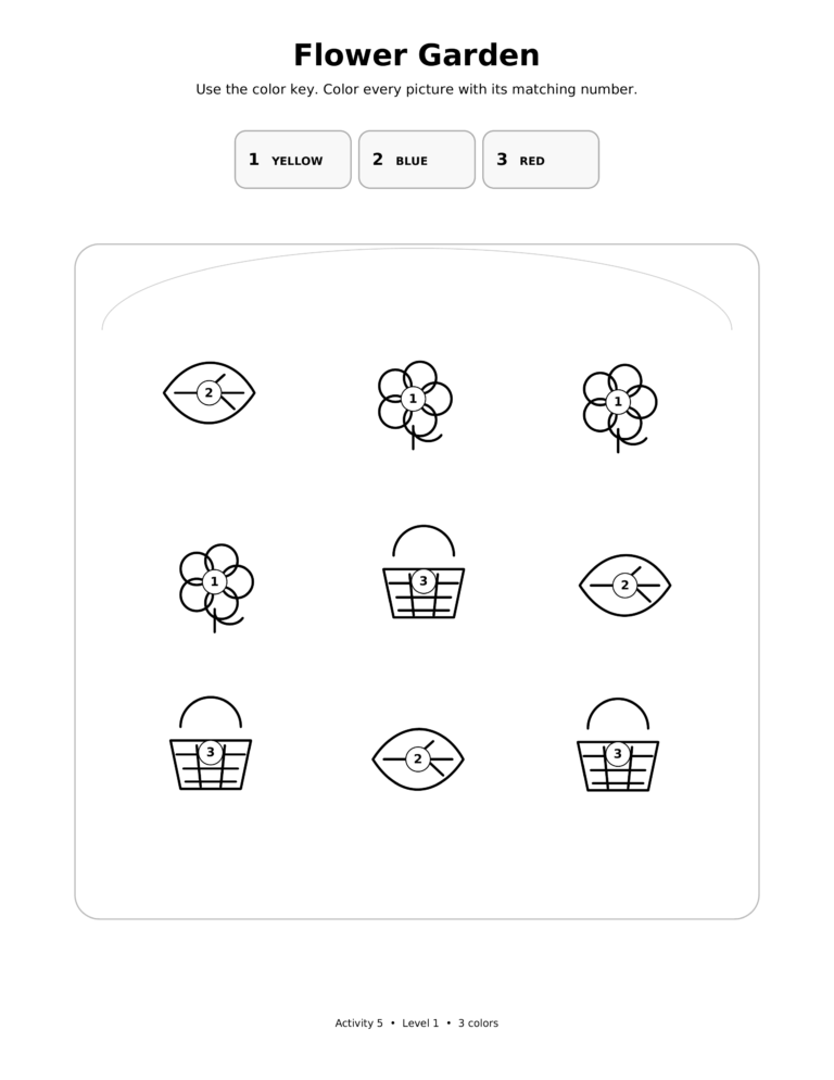 Flower Garden, a printable Ramadan color-by-number worksheet for kids.