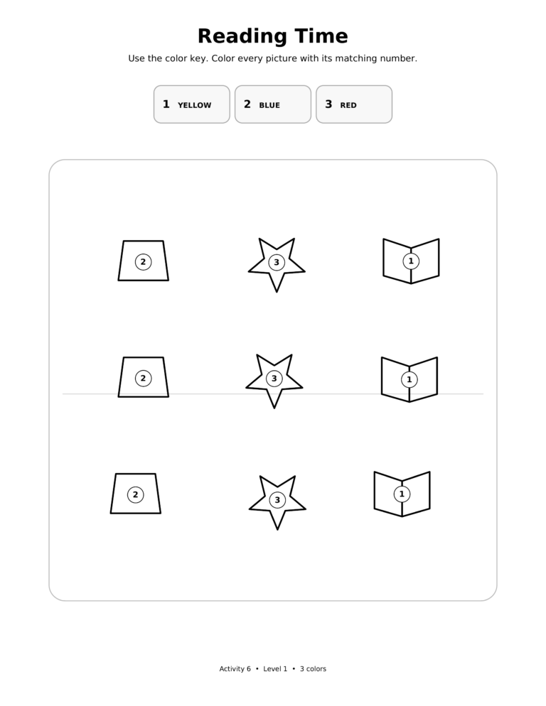 Reading Time, a printable Ramadan color-by-number worksheet for kids.