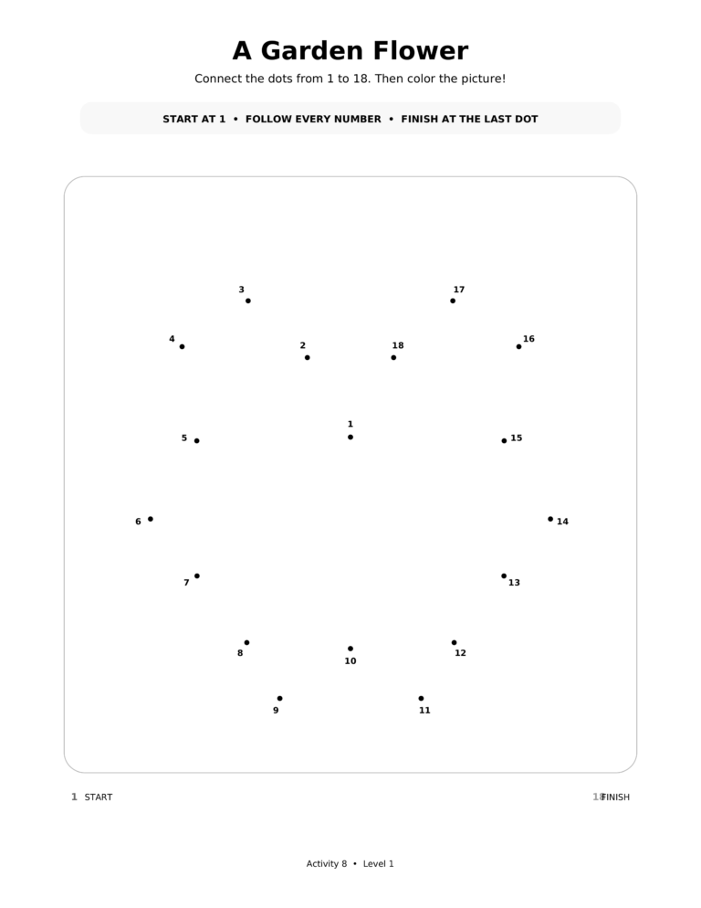 A Garden Flower, a printable Ramadan dot-to-dot activity worksheet for kids.
