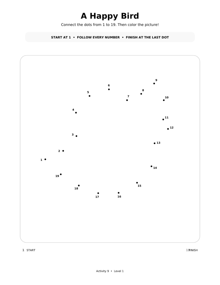 A Happy Bird, a printable Ramadan dot-to-dot activity worksheet for kids.