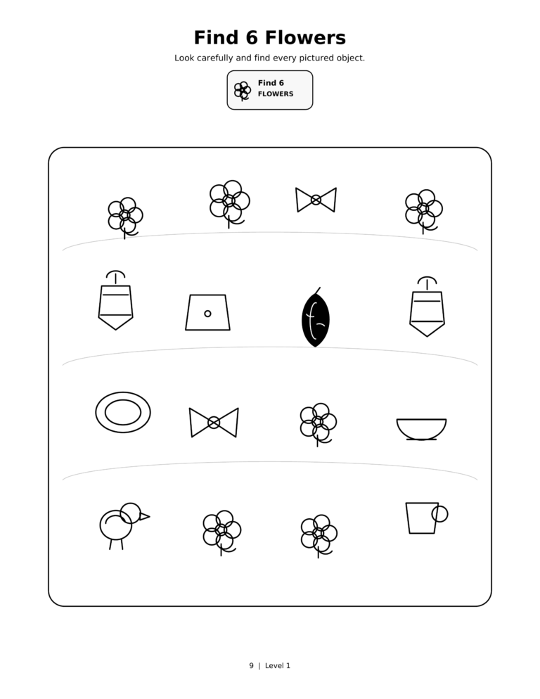 Find 6 Flowers, a printable Ramadan search-and-find activity sheet for kids.