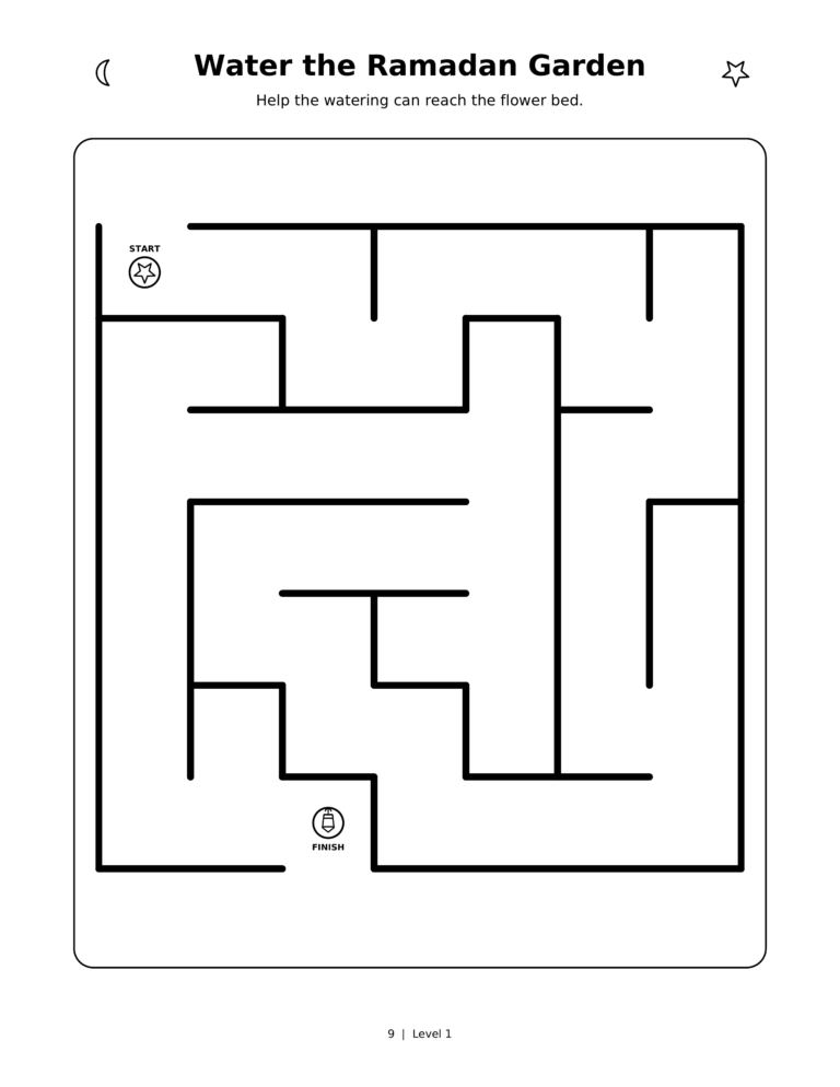 Water the Ramadan Garden, a printable Ramadan maze worksheet for kids.