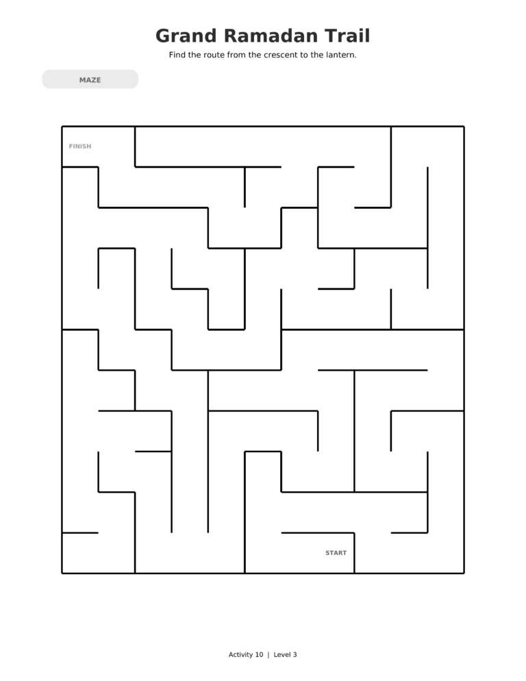Grand Ramadan Trail, a printable Ramadan maze worksheet for kids.