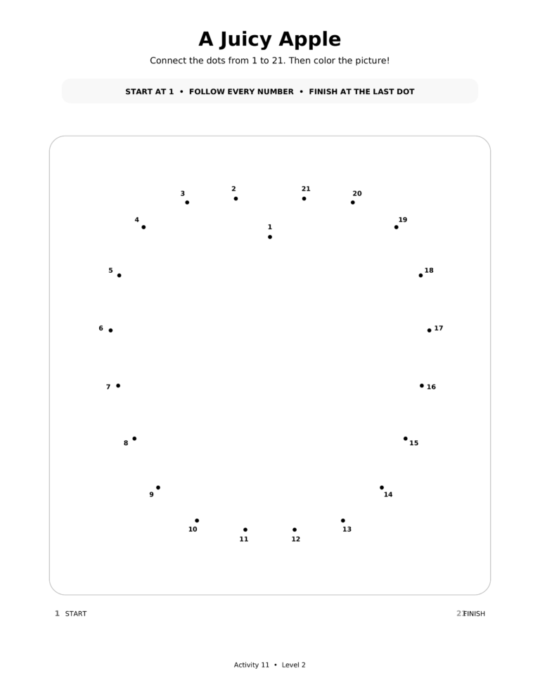 A Juicy Apple, a printable Ramadan dot-to-dot activity worksheet for kids.
