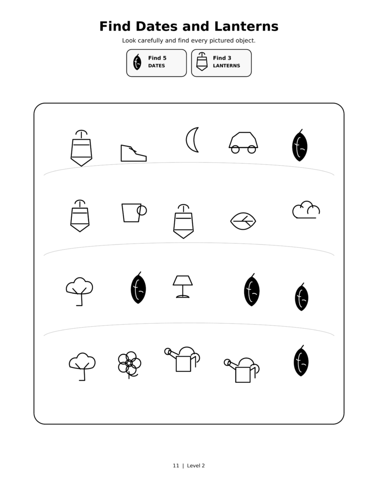Find Dates and Lanterns, a printable Ramadan search-and-find activity sheet for kids.