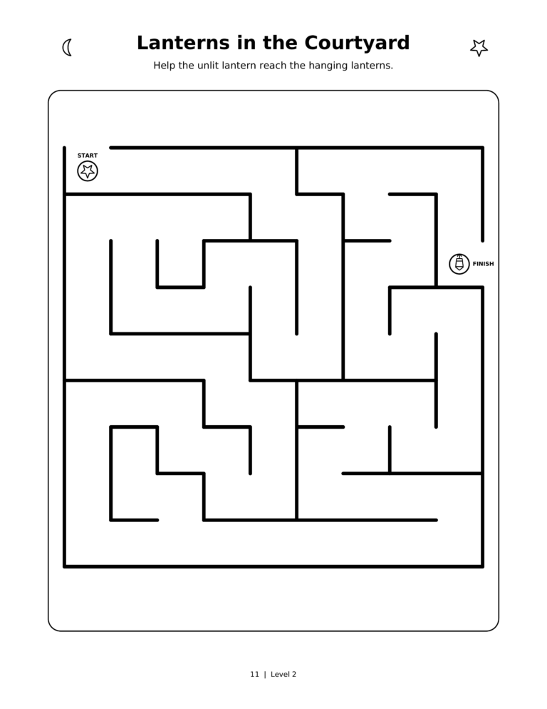 Lanterns in the Courtyard, a printable Ramadan maze worksheet for kids.