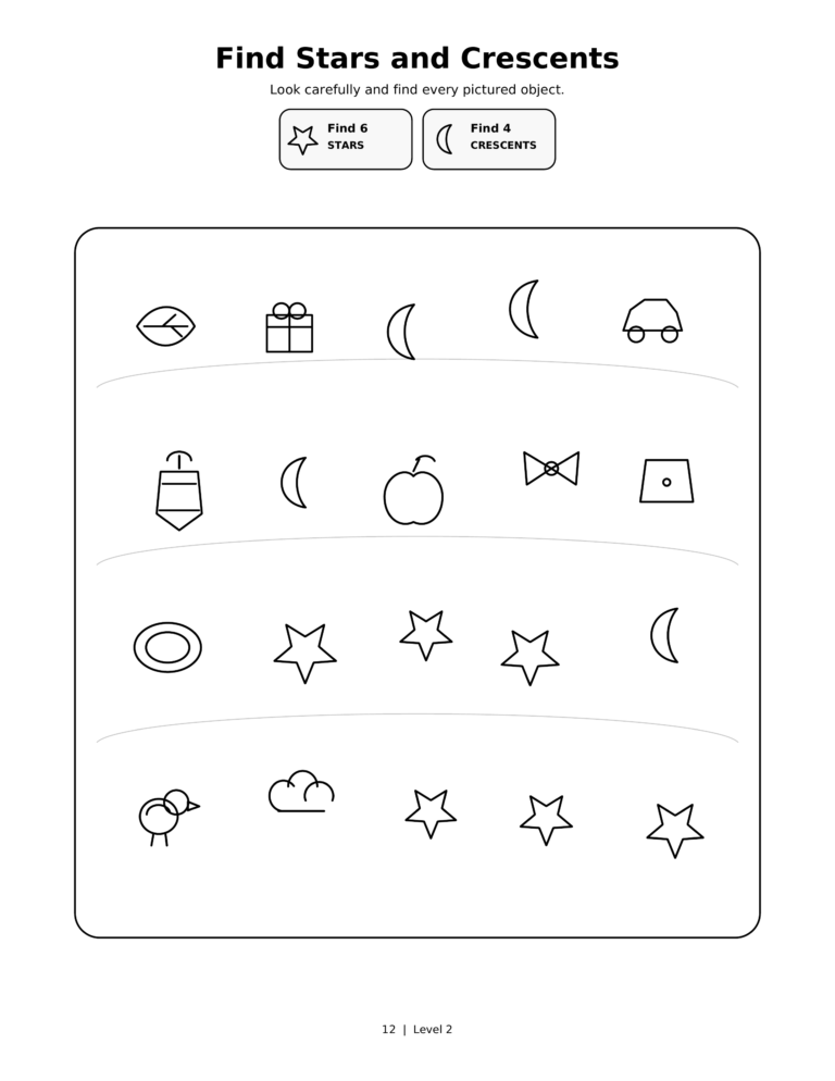 Find Stars and Crescents, a printable Ramadan search-and-find activity sheet for kids.