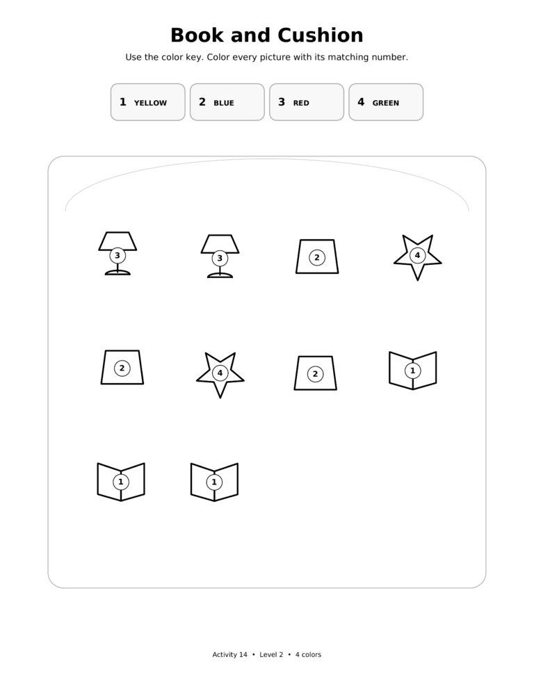 Book and Cushion, a printable Ramadan color-by-number worksheet for kids.