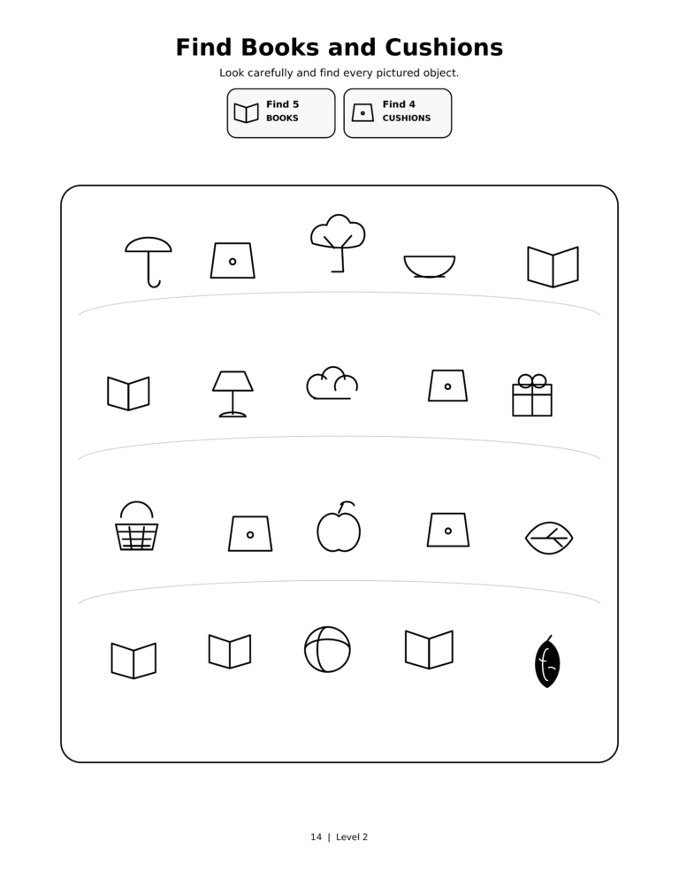 Find Books and Cushions, a printable Ramadan search-and-find activity sheet for kids.