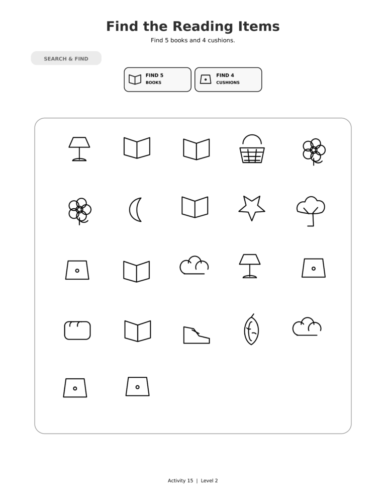 Find the Reading Items, a printable Ramadan search-and-find activity sheet for kids.