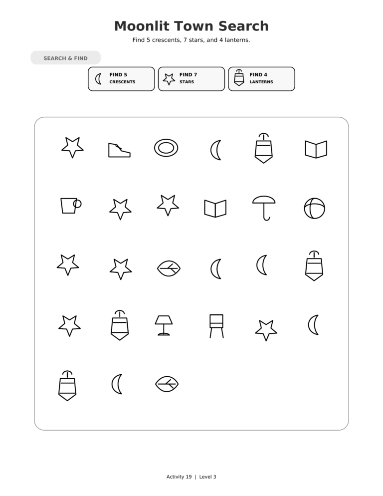 Moonlit Town Search, a printable Ramadan search-and-find activity sheet for kids.