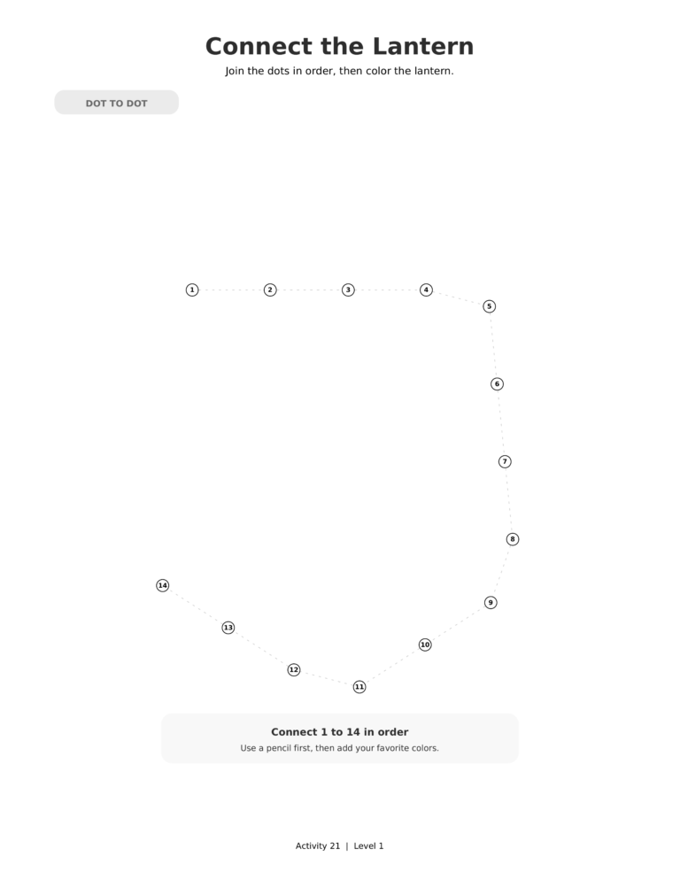 Connect the Lantern, a printable Ramadan dot-to-dot activity worksheet for kids.
