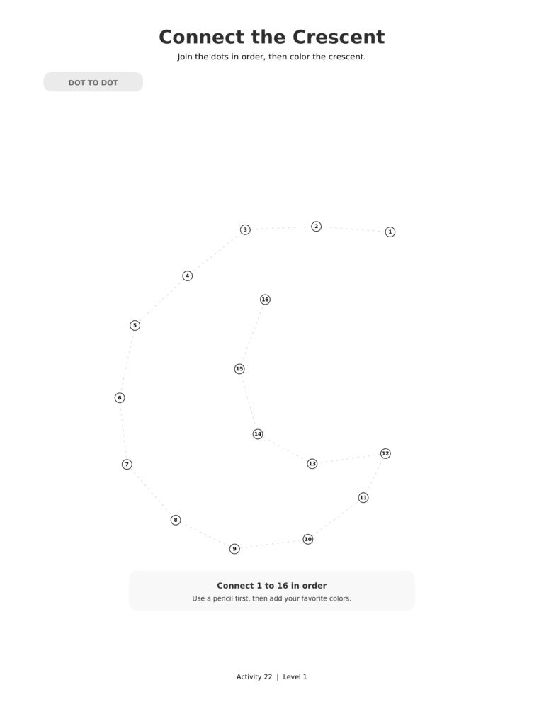 Connect the Crescent, a printable Ramadan dot-to-dot activity worksheet for kids.