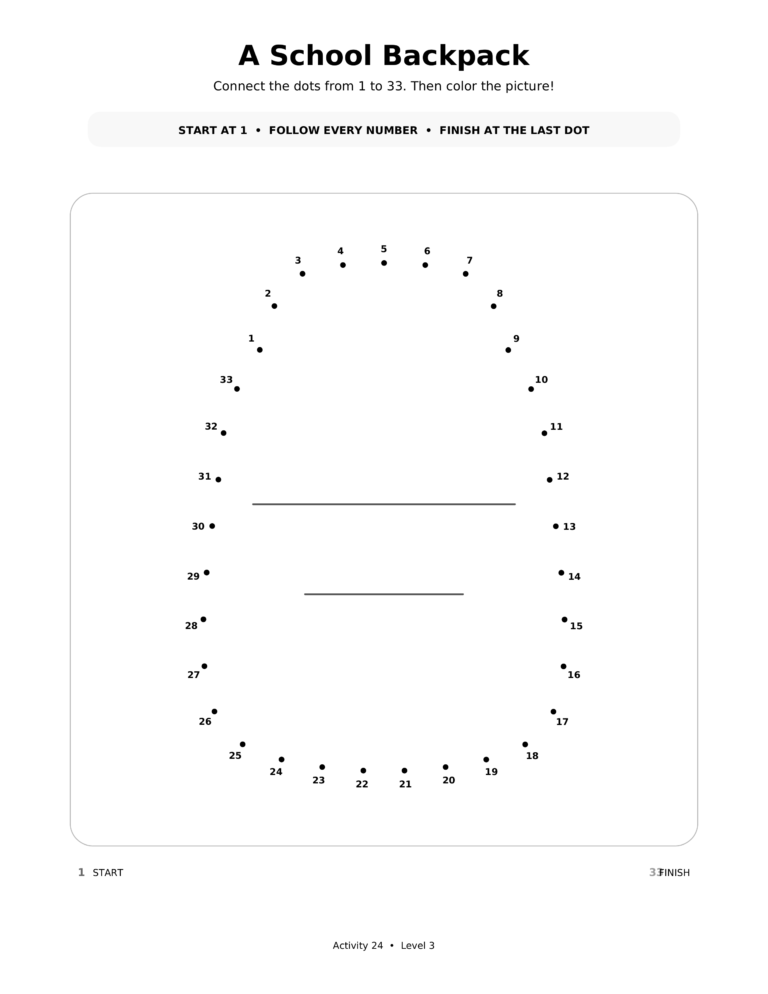 A School Backpack, a printable Ramadan dot-to-dot activity worksheet for kids.