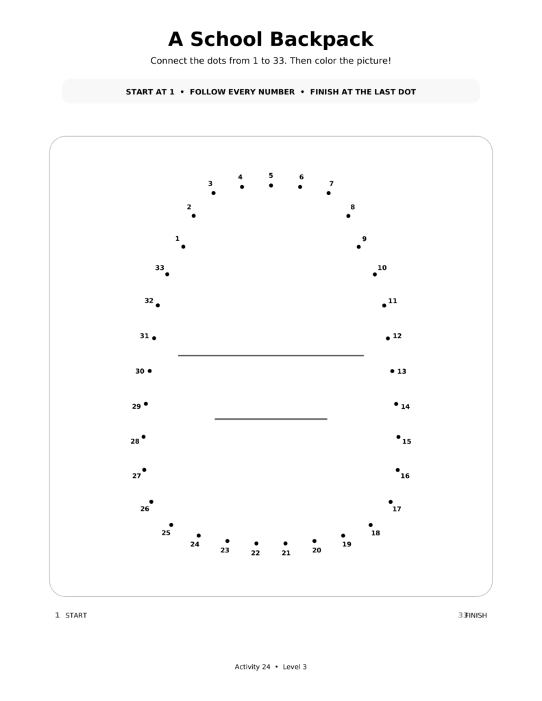 A School Backpack, a printable Ramadan dot-to-dot activity worksheet for kids.