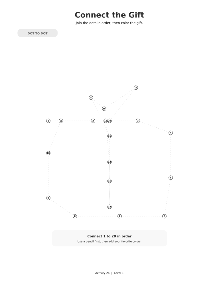 Connect the Gift, a printable Ramadan dot-to-dot activity worksheet for kids.