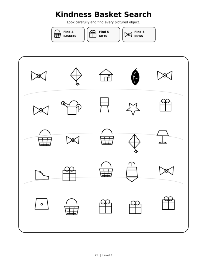 Kindness Basket Search, a printable Ramadan search-and-find activity sheet for kids.