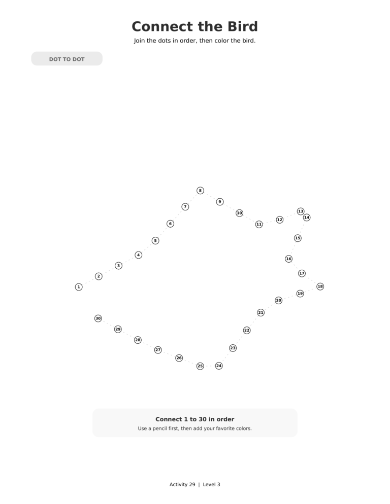 Connect the Bird, a printable Ramadan dot-to-dot activity worksheet for kids.