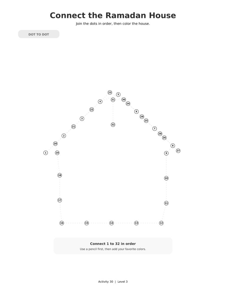 Connect the Ramadan House, a printable Ramadan dot-to-dot activity worksheet for kids.