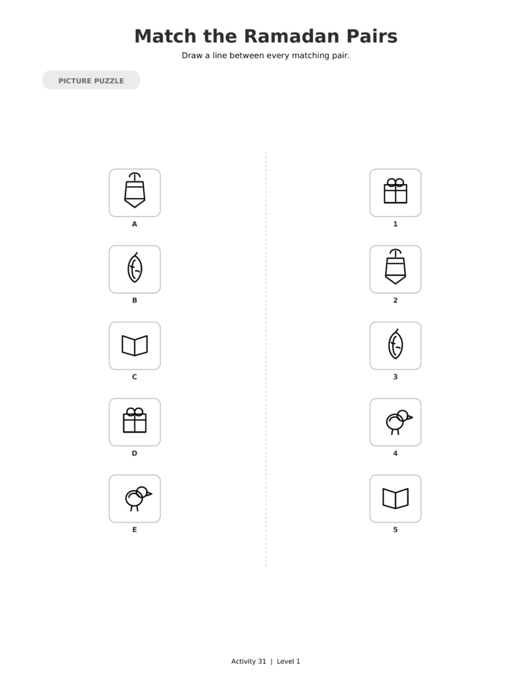 Match the Ramadan Pairs, a printable Ramadan picture puzzle worksheet for kids.