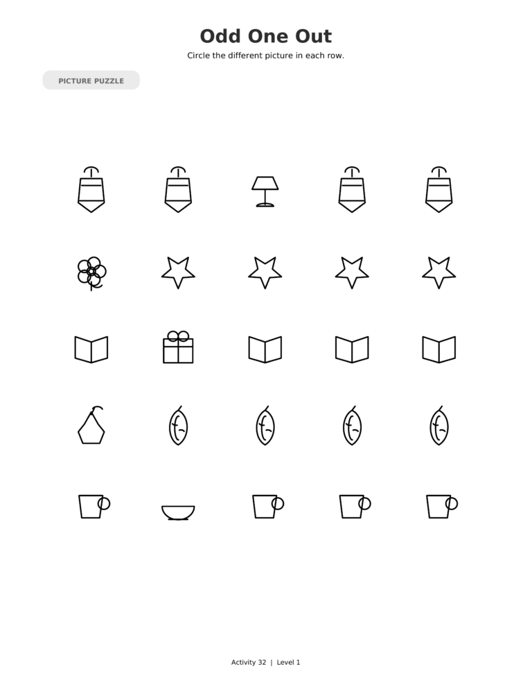 Odd One Out, a printable Ramadan picture puzzle worksheet for kids.