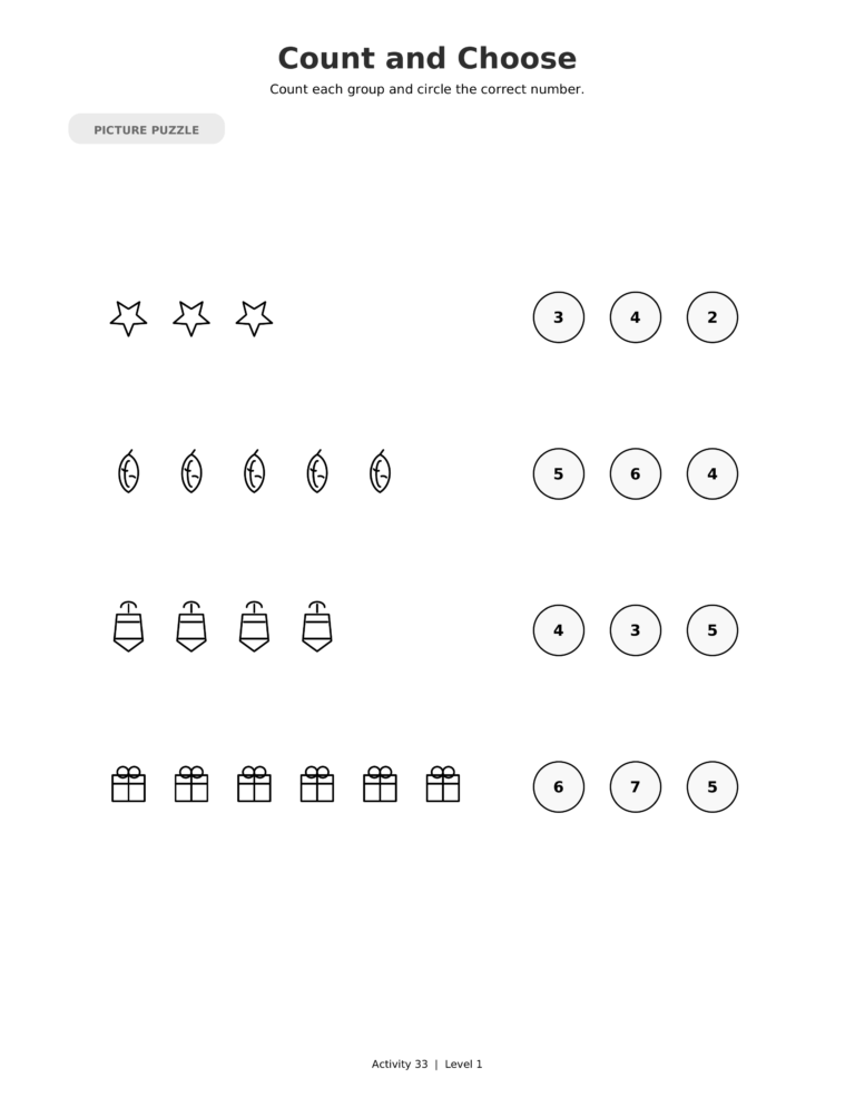 Count and Choose, a printable Ramadan picture puzzle worksheet for kids.