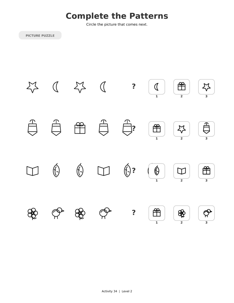 Complete the Patterns, a printable Ramadan picture puzzle worksheet for kids.