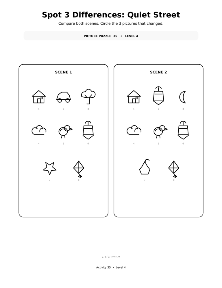 Spot 3 Differences Quiet Street, a printable Ramadan picture puzzle worksheet for kids.