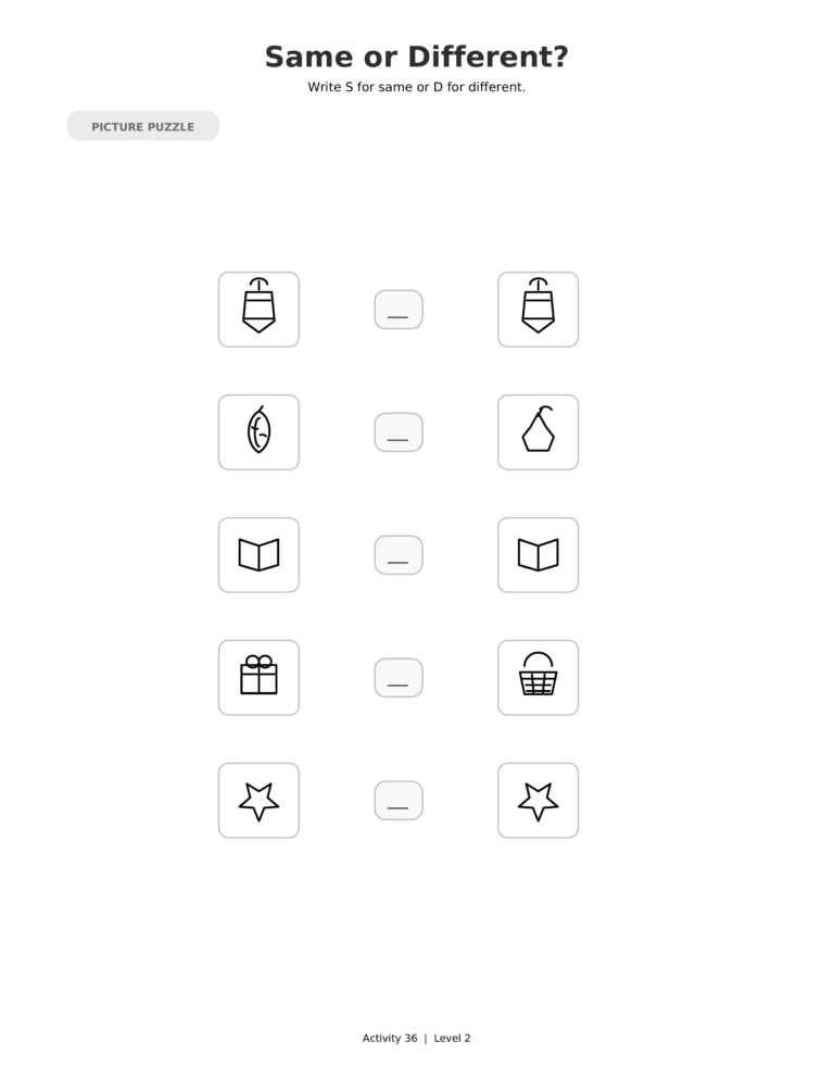 Same or Different, a printable Ramadan picture puzzle worksheet for kids.