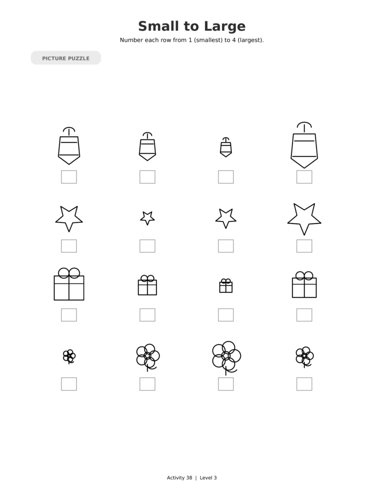 Small to Large, a printable Ramadan picture puzzle worksheet for kids.